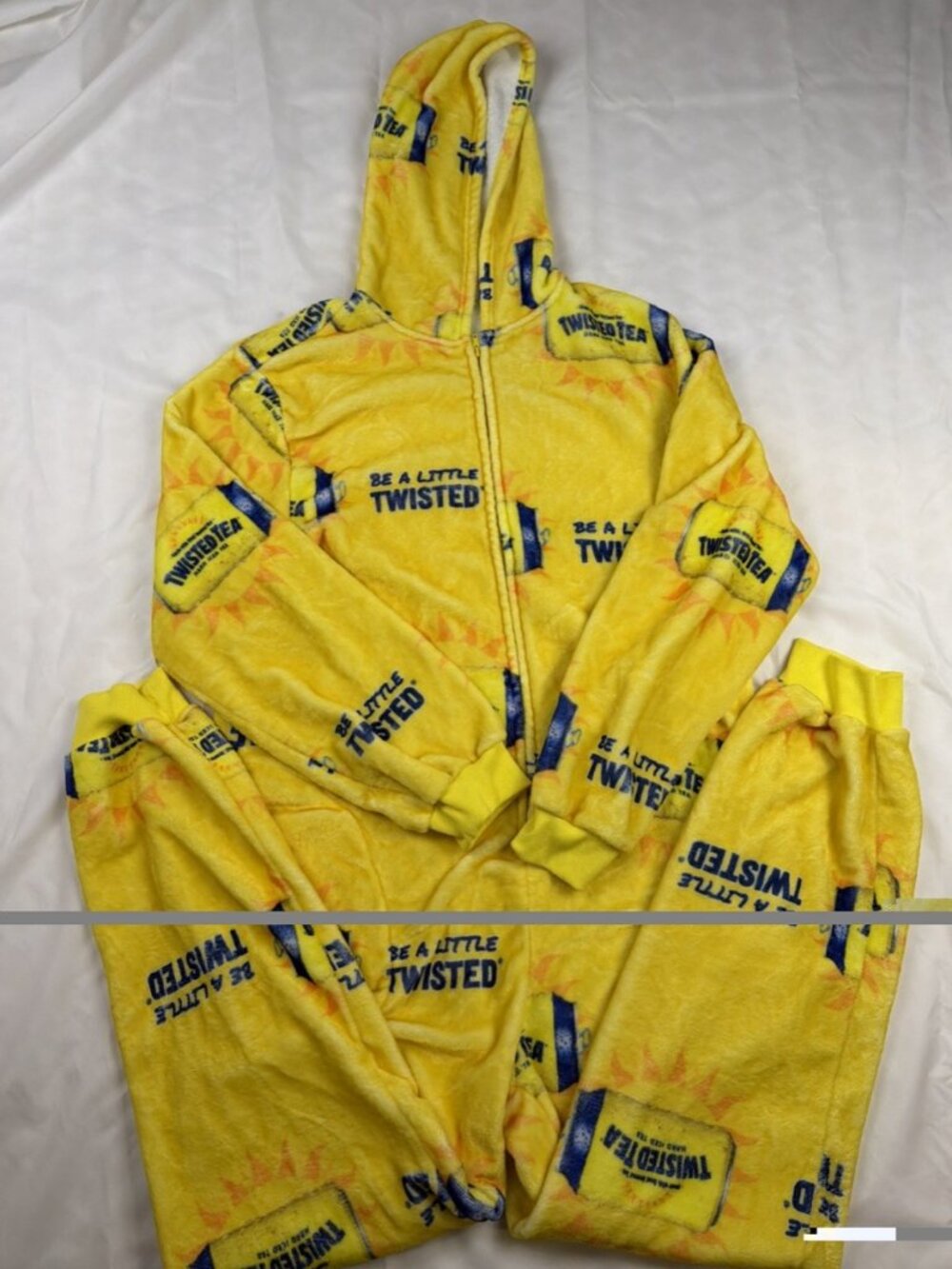 Twisted Tea Hooded Fleece One-Piece Pajama Body Suit Yellow Adult M/L